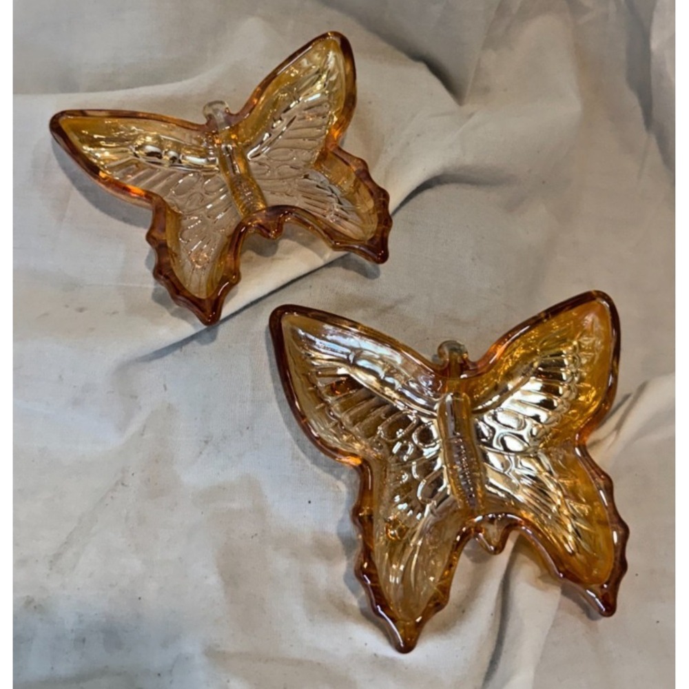 VTG Jeannette Marigold Carnival Glass 7" Butterfly Trinket Candy Dish Set of 2